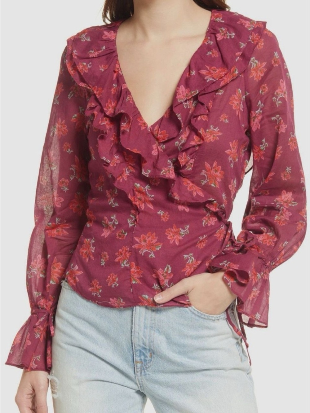 Free People Amanda Ruffle Purple Long Sleeve Tie Blouse Medium